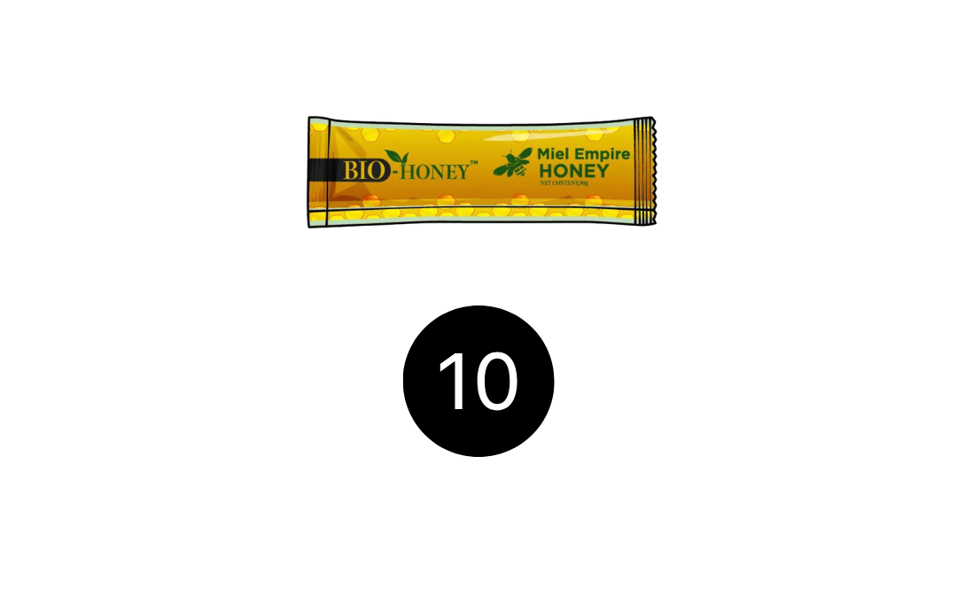 Découvrez Bio Honey™ en boîte de 10 sticks de 20 g, un miel bio premium pratique, prêt à déguster au quotidien.